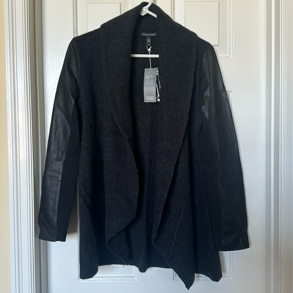 Eileen Fisher Charcoal Shawl Collar Jacket with Leather Sleeves